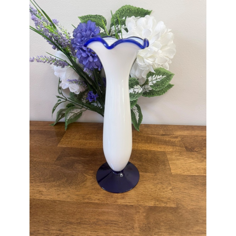 Vintage Cased Art Glass Vase White Cobalt Blue‎ Rim and Base Retro Decor MCM